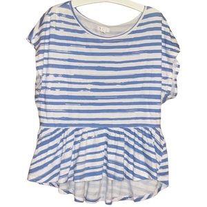 •C•BLUE/WHITE STRIPED HIGH-LOW PEPLUM FLOUCE TOP SIZE LARGE EUC